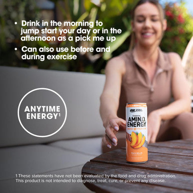 Optimum Nutrition Amino Energy Drink + Electrolytes For Hydration - Sugar Free Amino Acids Bcaa Keto Friendly Sparkling Drink - Peach Bellini Pack Of 12 (Packaging May Vary)