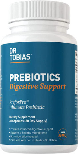 Dr. Tobias Prebiotics Helps Support Digestion Gut Health Boost Immune System Feed Good Probiotic Bacteria Vegan NonGMO Dietary Fiber Supplement 1 Daily 30 Capsules