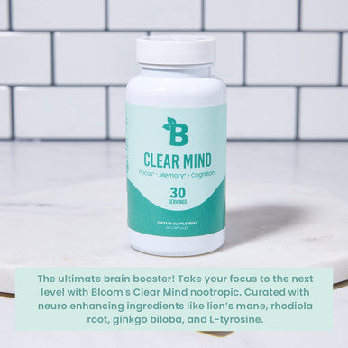 Bloom Nutrition Clear Mind Nootropic Brain Booster Supplement with Lions Mane Mushroom Alpha GPC Ginseng Ginkgo Bilboa Rhodiola Rosea Supports Mental Clarity Memory Focus 60 Capsules