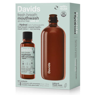Davids Hydroxi Fresh Breath Mouthwash Starter Kit Alcohol-Free Fluoride-Free Nano-Hydroxyapatite for Remineralizing & Enamel Health Relieves Dry Mouth Fresh Mint 16 fl oz