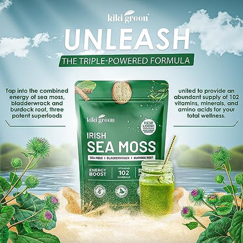 KIKI Green Irish Sea Moss Powder 8 Oz with Bladderwrack Burdock Root Extract for Immune Support Keto Vegan Supplement
