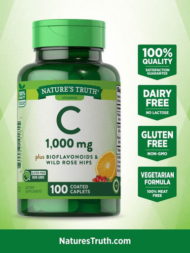 Vitamin C Bioflavonoids & Rose Hips | 1000mg | 100 Caplets | Vegetarian, Non-GMO, Gluten | by Nature's Truth