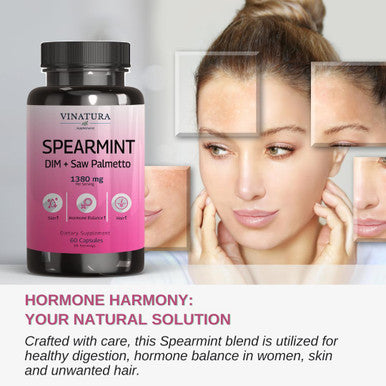 Vinatura Spearmint Leaf Capsules Supplement - 1380Mg/Serving, Enhanced With Dim & Saw Palmetto, For Unwanted Hair, Women' Health