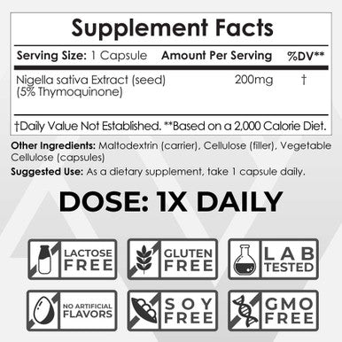 Nigella Sativa Extract Capsules | 200mg | 60 Count | Minimum 5% Thymoquinone Content | Black Seed Oil Extract | Supports Brain Health, Memory, Liver Health, and Immune Function | Nootropics Depot