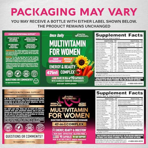 Nutraharmony Multivitamin For Women - B-Complex Whole Foods Hair Growth Support Digestion & Metabolism Iron - 47In1 Womens Multivitamin - Bioavailable & Gentle On Stomach - Made In Usa 90 Capsules