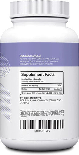 Biotin 10000mcg | 150 Capsules - Hair Skin and Nail Support | Pure Biotin Supplement Extra Strength (Vegan, Gluten Free, Non-GMO, Lab Tested) - Biotin for Hair Growth Skin and Nails