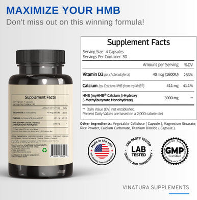 Hmb 3000Mg And Vitamin D3 Supplement Capsules Per Serving Usa Made & Tested Promotes Muscle Growth & Recovery - Hmb Supplement And Vitamin D3 (1600 Iu) - 120 Capsules 30 Servings