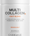 Codeage Multi Collagen + Gut Blend Supplement - Digestive Probiotics DGL Licorice Aloe Vera Organic Peppermint Leaf Slippery Elm - Hydrolyzed Bovine Collagen Pills - Non-GMO - 90 Capsules