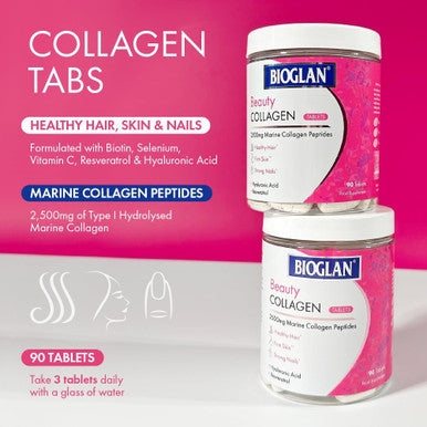 Bioglan Collagen Tablets 2500mg Hydrolysed Marine Collagen Hyaluronic Acid Resveratrol Biotin Selenium and Vitamin C 90 Tablets