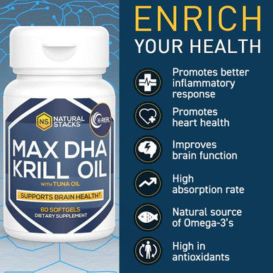 NATURAL STACKS Antarctic Krill Oil 1000mg Softgels - 60 ct. Fish Oil Supplements for Cardiovascular & Immunity Support - Krill Oil Supplement for Brain Health with Potent Antioxidant