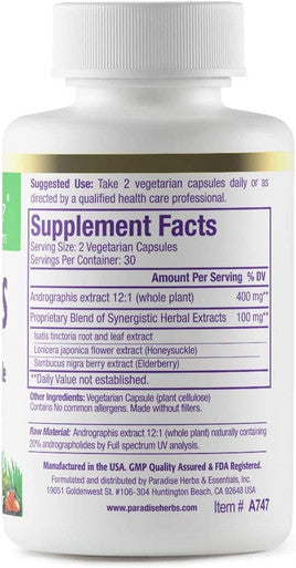 Paradise Herbs Andrographis + Elderberry + Isatis + Honeysuckle | Vegan | Non-Gmo | Gluten | 60 Vegetarian Capsules