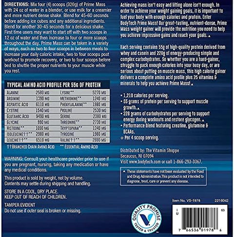 Bodytech Prime Mass Highcalorie Mass Gainer Supports Muscle Growth & Weight Gain Chocolate (6 Lb 8 Servings)