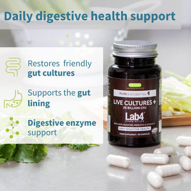Live Cultures+ Lab4 Probiotics, Vegan Lactobacillus Acidophilus & Bifidobacterium, Guaranteed 25 Billion CFU, Plus Non-Bloating Prebiotic for Men & Women, 30 Capsules, by Igennus