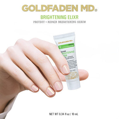 Goldfaden MD Brightening Elixir Serum w/ Vitamin C Ferulic Acid Vitamin B Vitamin E Helps Aid Against Appearance of Photoaging Leaves Skin Feeling Hydrated Looking Radiant TRIAL .34 Fl Oz