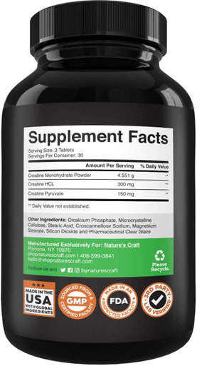 Tri Phase Creatine Pills 5g - Muscle Mass Gainer and Muscle Recovery Creatine HCL Pyruvate and Creatine Monohydrate Pills - Optimal Creatine Pre Workout for Women and Men No Caffeine Muscle Builder