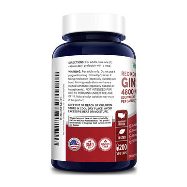 NusaPure Red Korean Panax Ginseng 4,800mg 200 Veggie Caps (Non-GMO, Extract 12:1 & Gluten-Free)