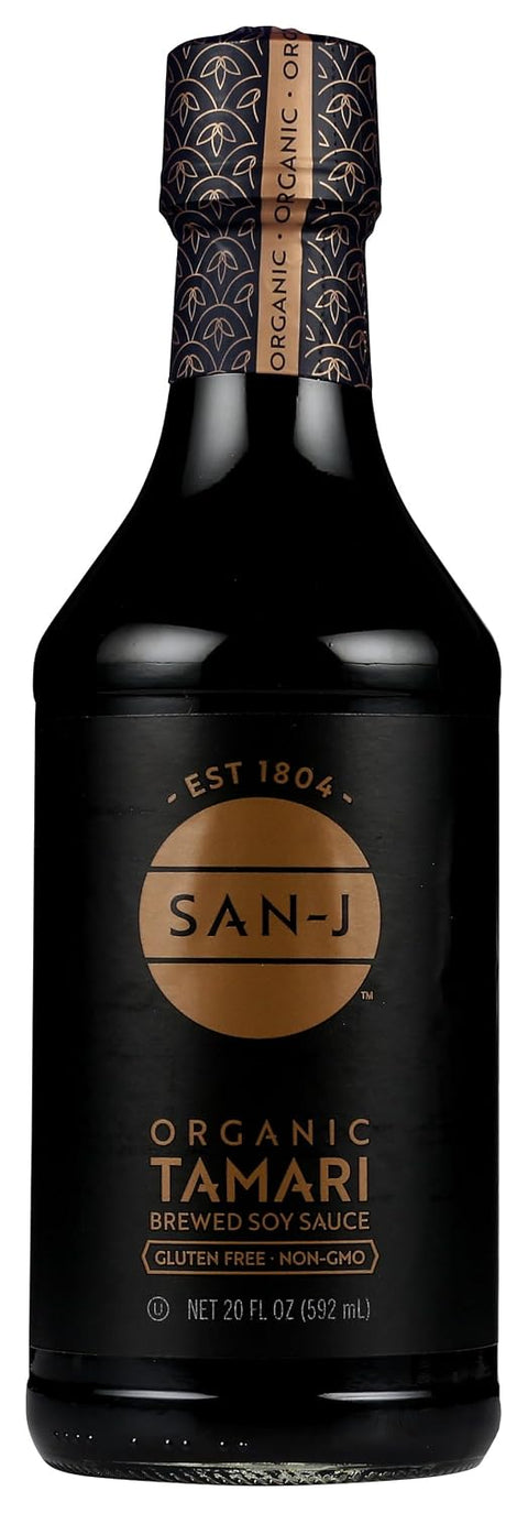 San-J - Organic Gluten Free Tamari Soy Sauce with 50% Less Sodium - Made with 100% Whole Soy - Specially Brewed - 10 oz. Bottle
