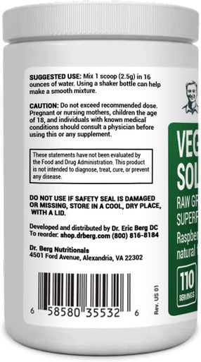 Dr. Berg's (Veggie Solution) Organic Super Greens Powder w/ Spirulina - Raw Green Powder Superfood - Vegetable Powder Supplement with Vitamins, Minerals, Enzymes, and Phytonutrients - 110 Servings