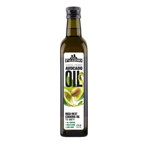 Papa Palermo Avocado Oil for Cooking & Salad Ã¢â‚¬â€œ 100% Pure, High Heat Up to 500Ã‚Â°F, All Purpose, Mild Flavor, Glass Bottle, Non-GMO, Keto & Paleo Friendly (34 Fl Oz)