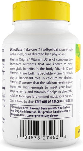 Healthy Origins Vitamin D3 & K2, 50 Mcg (2, 000 IU)/K2 200 Mcg, Softgels, 180 Count (Pack of 1)