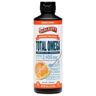 Barleans Total Omega Orange Creme Fish Oil Supplements with Flaxseed Oil and Borage Oil 2400mg of Omega 3 6 9 EPA/DHA AllNatural Fruit Flavor NonGMO Gluten Free 16 Ounce