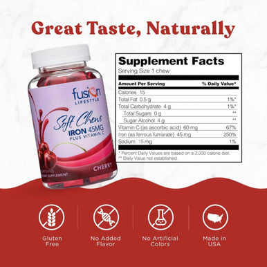 Chewable Iron Supplement For Women and Men Cherry Flavor Iron Vitamin C Soft Chew For Max Absorption Iron As Ferrous Fumarate Ideal For Anemia And Iron Deficiency 2 Month Supply