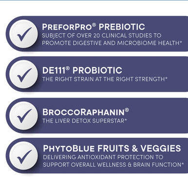 Blueberry Biome by Purity Products Digestion Detox Formula Promotes a Healthy MicroBiome More PreforPro Prebiotic DE111 Probiotic BroccoRaphanin Antioxidant Fruit Veggie Blend 90 Caps