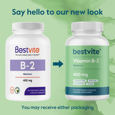 Bestvite Vitamin B-2 (Riboflavin) 400mg (240 Vegetarian Capsules) (120 x 2) - No Stearates - Vegan - Non GMO - Gluten