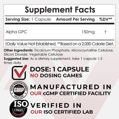 Alpha GPC Capsules | 150mg | 180 Count | Cholinergic Supplement | Brain Health Supplement | Supports Healthy Brain Function | Enhance Cognition, Memory + Focus