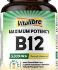 Vitalibre Vitamin B12 Sublingual 5000 mcg Methylcobalamin Bioactive Form High Absorption Vegan Nerve Energy Immune Mood Support Natural Peach Flavor Fast Dissolve Mini Tablets No Sugar