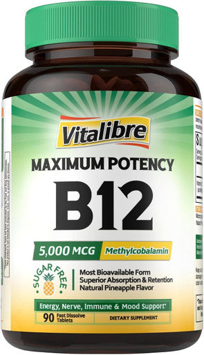 Vitalibre Vitamin B12 Sublingual 5000 mcg Methylcobalamin Bioactive Form High Absorption Vegan Nerve Energy Immune Mood Support Natural Peach Flavor Fast Dissolve Mini Tablets No Sugar