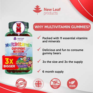 New Leaf Products Multivitamins for Children Kids Multivitamin Gummies SIX Months Plus Zinc Vegan Essential Vitamins A B3 B5 B6 B7 B9 B12 C D E with Minerals Gelatine- Multivits for Kids GMP Chewable