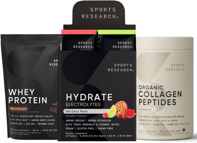 Sports Research Organic Collagen Peptides (Unflavored - 30 Servings) Hydrate Electrolytes Powder Packets (Variety Pack - 16 Servings) And Whey Protein Isolate (Dutch Chocolate Flavor - 25 Servings)