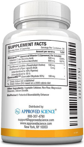 Approved Science Liposomal Vitamin C 1100 mg 60 Capsules Immune Support Boost Collagen Antioxidant High Absorption Fat Soluble Non GMO Vegan Made in The USA