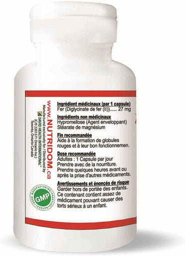 Nutridom Iron (Fer) Bisglycinate 27mg, 60 Vegan capsules, Chelated Supplement Pills for Women and men, Made In Canada