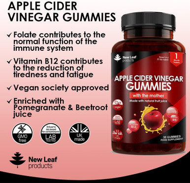 Leaf Products Apple Cider Vinegar Gummies Vegan With The Mother High Strength + Vitamin B12 Folate Pomegranate & Beetroot Fresh Pure Unfiltered Vinegar Not Powder Apple Cider Vinegar Gummy 1 Per Serving