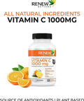 Renew Actives Maximum Strength Vitamin C 1000Mg - Antioxidant & Immune Booster For Overall Health, Strong Bones, Teeth & Gums - Non-Gmo, Sugar Free, 4-Month Supply (120 Vegan Capsules)