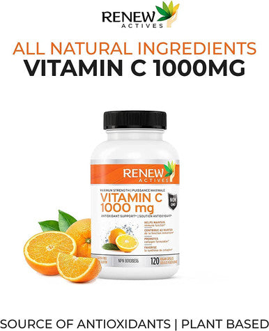 Renew Actives Maximum Strength Vitamin C 1000Mg - Antioxidant & Immune Booster For Overall Health, Strong Bones, Teeth & Gums - Non-Gmo, Sugar Free, 4-Month Supply (120 Vegan Capsules)