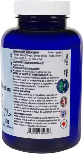 Nadhara Ginkgo Biloba 120mg Capsules, promotes healthy blood flow to the brain while also acting as an antioxidant. Helps Enhance Cognitive Function and Memory, 100 Capsules