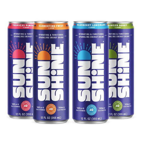 Sunshine Sparkling Energy Drink, Ginger Berry with Daily Essential Vitamins, 360mg of Electrolytes, 70mg of Natural Caffeine, 12 Fl Oz (Pack of 12)