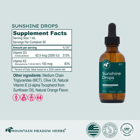 Mountain Meadow Herbs Sunshine Drops Vegan Vitamin D3 Booster for Healthy Bones and Teeth Ideal Winter Supplement Tincture 2oz