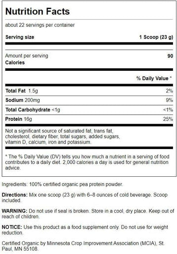 Swanson 100% Organic Pea Protein Powder Non-GMO 1.1 lb (503 g) Pwdr