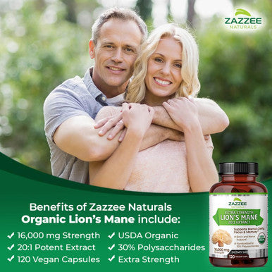 Zazzee USDA Organic Lion's Mane 20:1 Extract 30% Polysaccharides 16,000 mg Strength 120 Vegan Capsules Nootropic for Brain Health Focus Memory Concentration and Immune Support Made in The USA