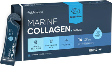 Weightworld Marine Collagen Liquid | 30ml x 14 Liquid Sachets | 5000mg Hydrolysed Liquid Collagen Sachets | with Vitamin C & Hyaluronic Acid | Type 1 Collagen | Tasty Liquid Collagen Supplements for Women & Men