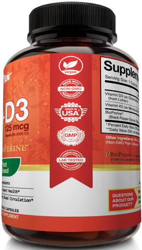 NutriFlair Vitamins D3 (5000iu/125mcg) + K2 (as Mk7) - Made with Plant-Based Ingredients Plus BioPerine Black Extract, 90 Capsules - Supports Healthy Immune, Heart and Health - Non-GMO Pills