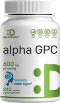 Deal Supplement Alpha GPC 600mg Per Serving 240 Capsules Bioavailable Choline Replenishment Nootropic Brain Health Supplements for Memory and Focus Non-GMO Gluten