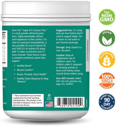 Ionic Fizz Super D-K Calcium Plus by Pure Essence - with Extra Magnesium, Vitamin D3, Vitamin K2 - Orange Vanilla - 14.82oz
