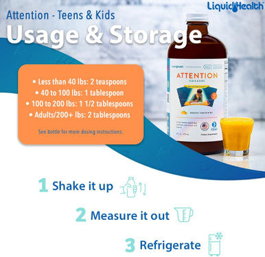 Liquidhealth Attention Liquid Multivitamin for Kids & Teens - Improves Memory Retention Concentration Focus Mood Relaxation & Calming - Great Taste Vegan Sugar- (16 oz)