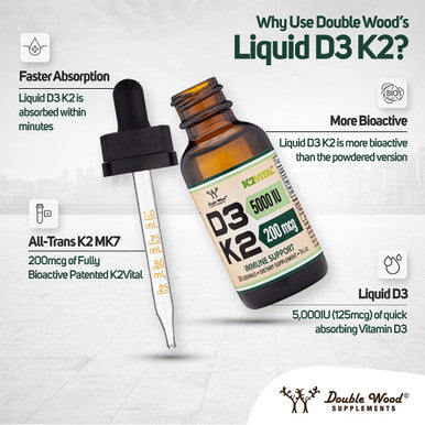 Vitamin D3 K2 Liquid Drops 5000 IU of D3 and 200mcg of 99.9 AllTrans Patented K2 MK7 K2Vital Max Absorption Immune Support for Kids and Adults 30 Servings by Double Wood Supplements