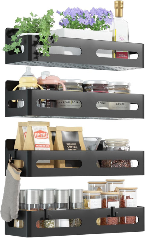 4-Pack Magnetic Spice Rack for Refrigerator with Hooks, Pink | Strong multipurpose magnetic shelf for kitchen & bathroom organization. Includes 4 removable hooks for hanging items.